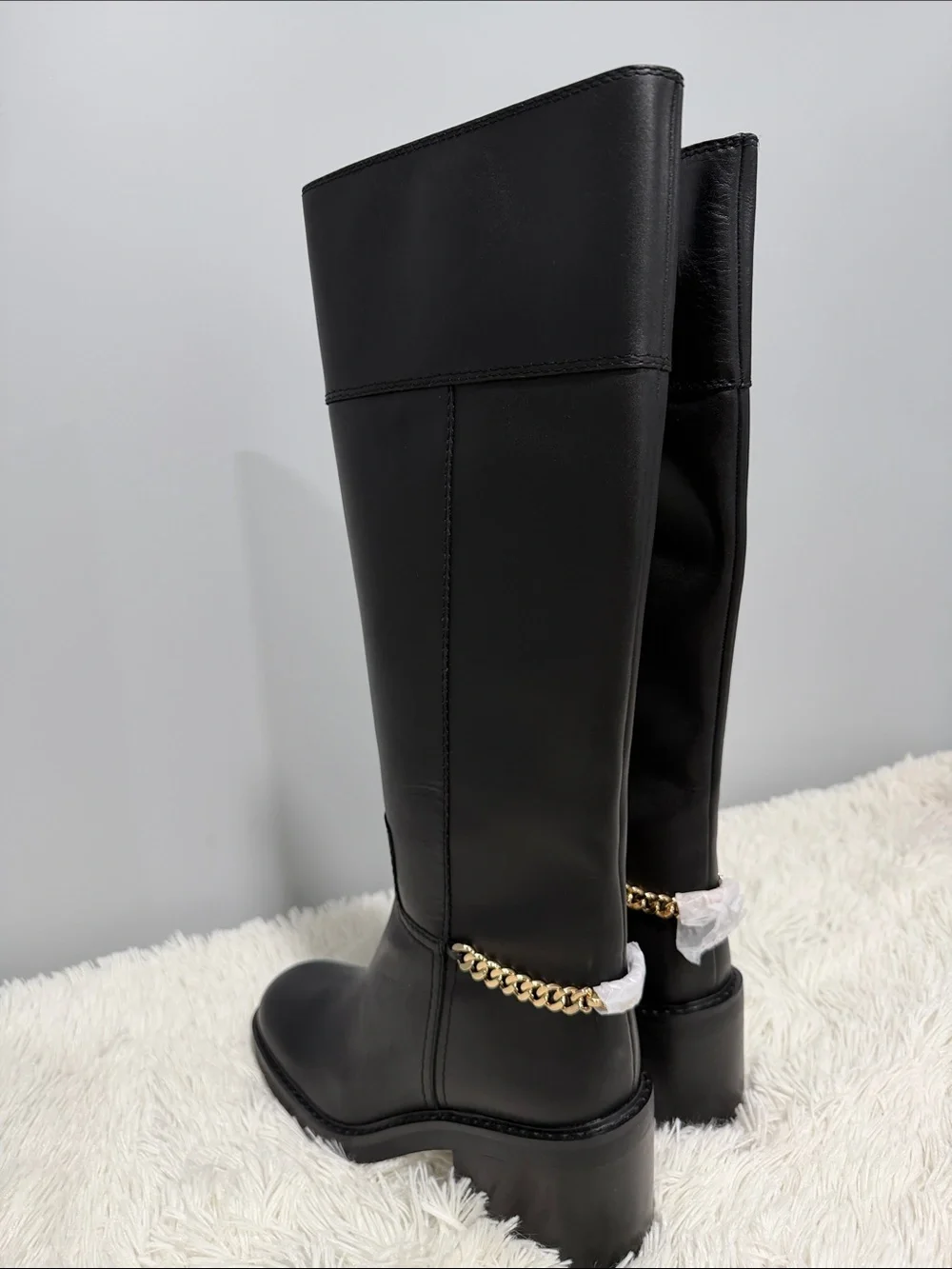 MICHAEL Michael Kors Black Leather Over-the-Knee Boots with Gold Chain Accent